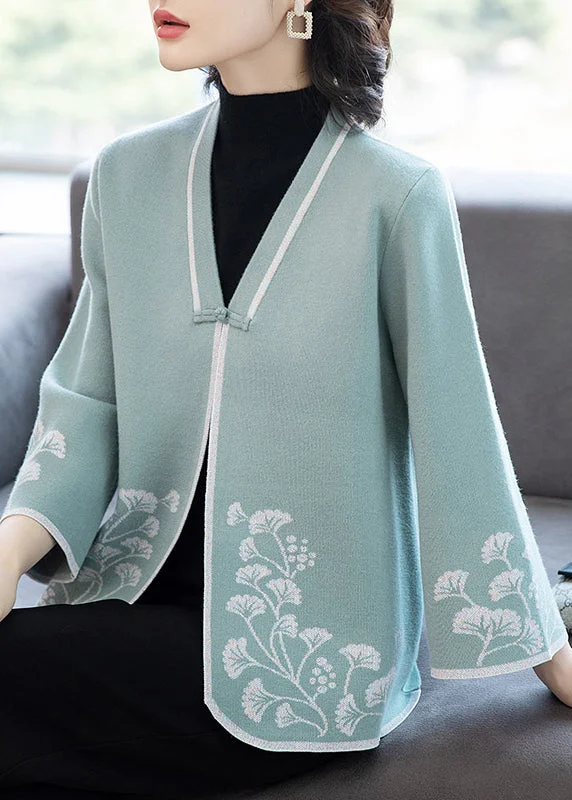 French Blue V Neck Button Print Patchwork Knit Coats Fall Fitted Tailored Blazer