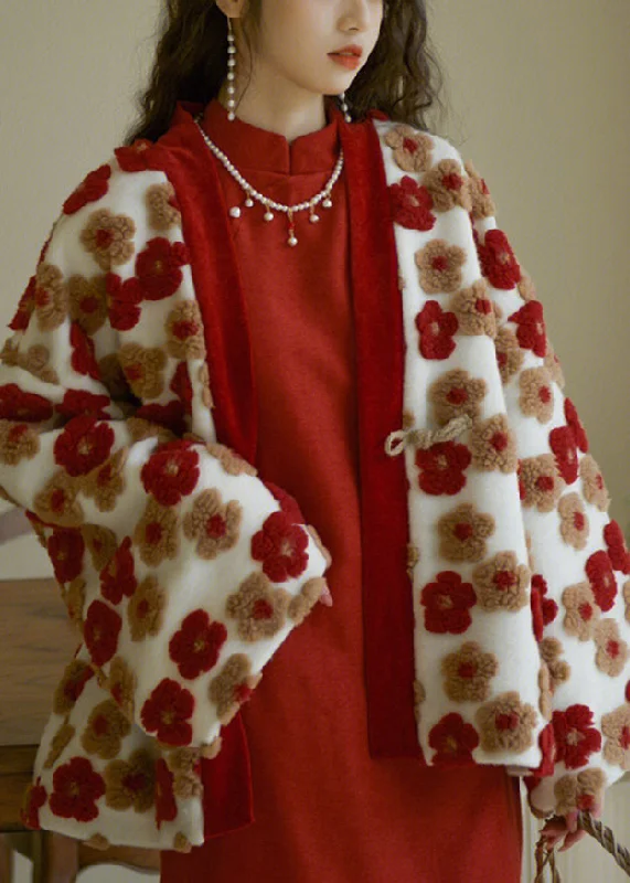 French Red V Neck Floral Warm Coat Winter Plaid Checkered Coat
