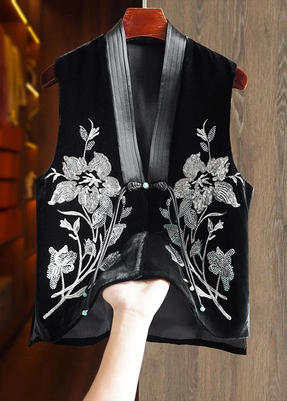 Italian Black V Neck Patchwork Embroideried Button Silk Velour Coat Fall High-Collar Puffer Coat