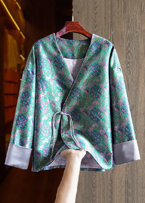 Jacquard Green V Neck Chinese Button Patchwork Silk Coats Long Sleeve Long Hooded Anorak