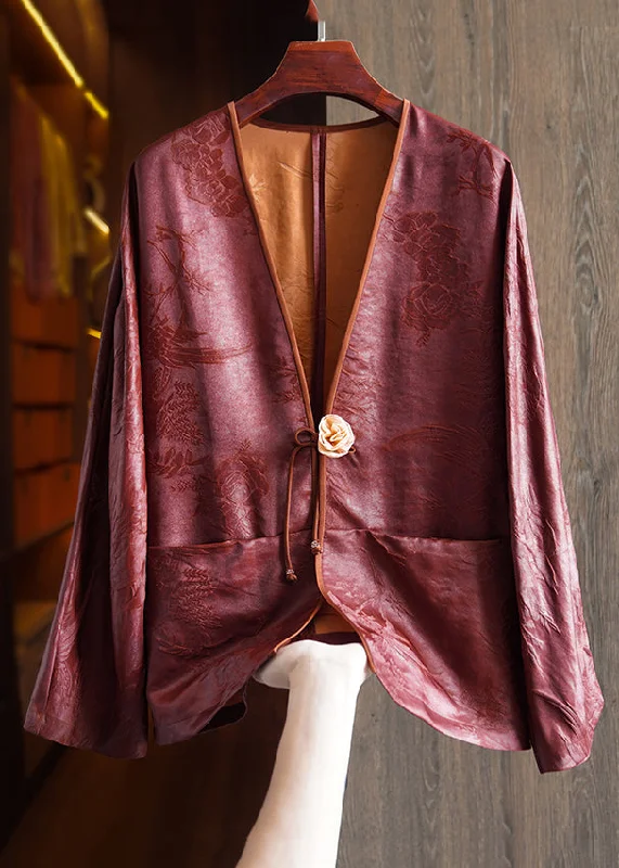 Jacquard Red Button Pockets Patchwork Silk Coats Fall Fur-Trimmed Winter Coat