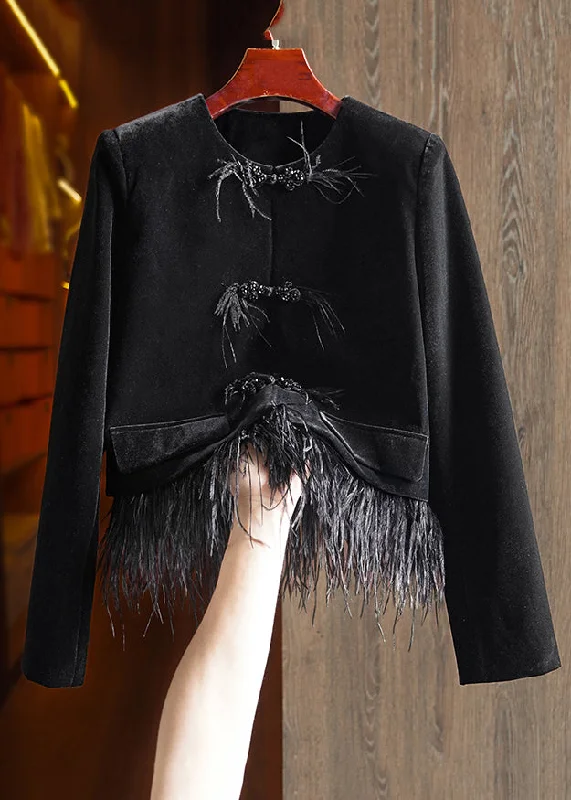 Loose Black Button Tasseled Detachable Patchwork Velour Coats Long Sleeve Reversible Quilted Jacket