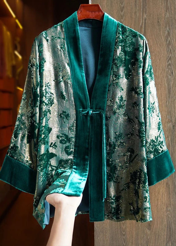 Loose Green V Neck Jacquard Patchwork Silk Velour Coats Fall Stretchy Active Jacket