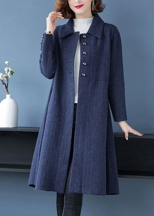 Loose Navy Peter Pan Collar Button Patchwork Woolen Coats Fall Sleek Leather Jacket