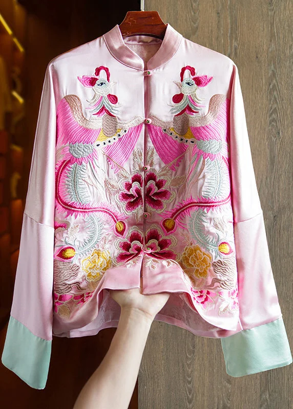 Loose Pink Stand Collar Embroideried Patchwork Silk Coats Fall Soft Cashmere Wrap