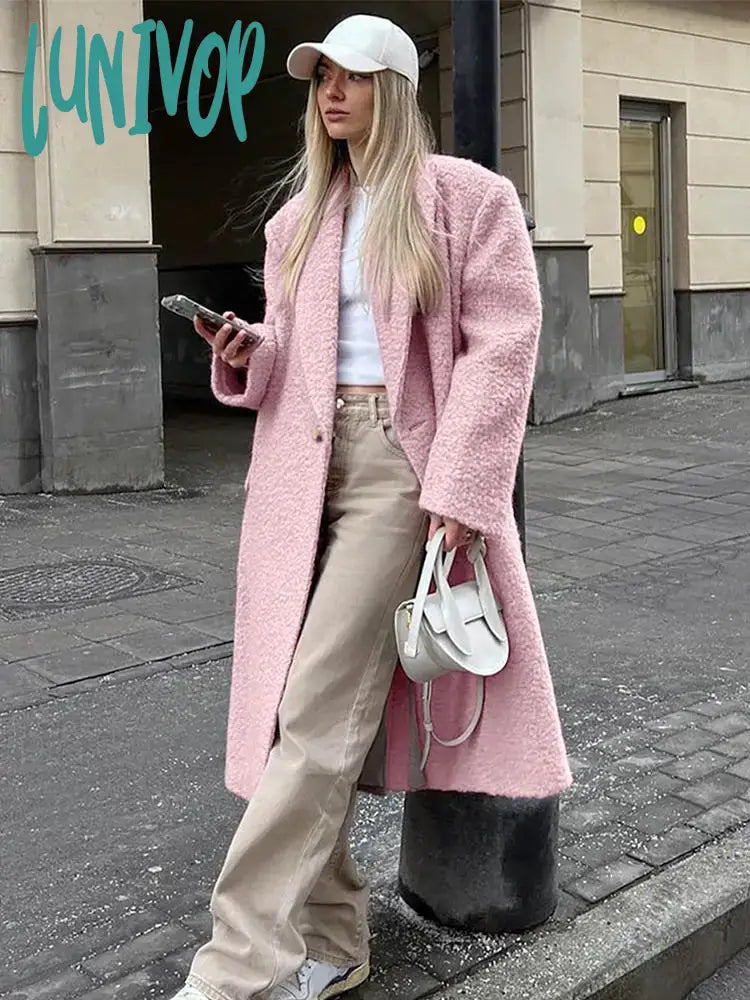 Lunivop Sweet Solid Women's Woolen Thick Overcoat Elegant Tailored Neck One-button Pocket Long Coat  Winter Lady Fashion Outerwear Structured Wool Blazer