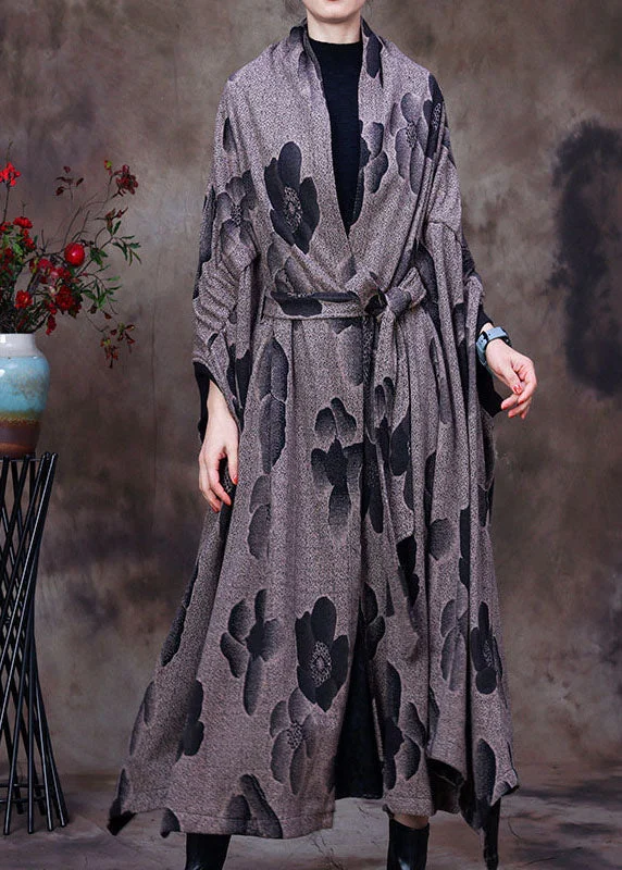 Modern Grey Asymmetrical Print Woolen Coat Winter Belted Wool Overcoat