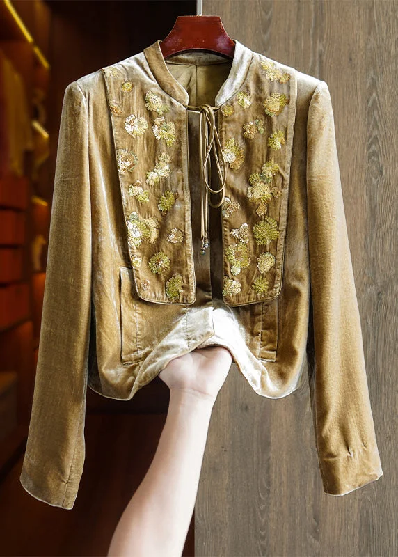 New Dark Yellow Sequins Lace Up Patchwork Silk Velour Coats Fall Cozy Knitted Poncho