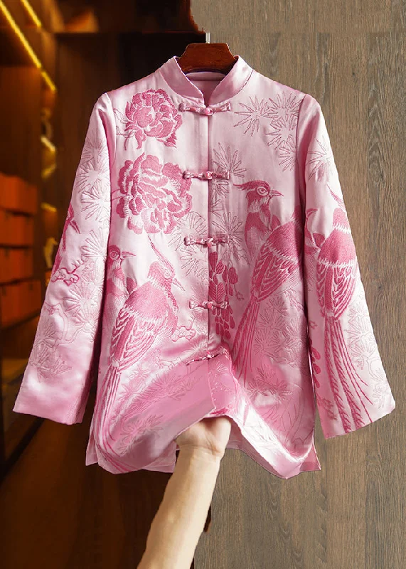 New Pink Embroideried Button Patchwork Silk Coats Fall Plush Faux Fur Bolero