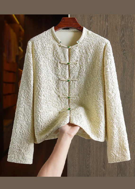 Original Design Beige Yellow Jacquard Button Patchwork Silk Coats Fall Padded Ski Jacket