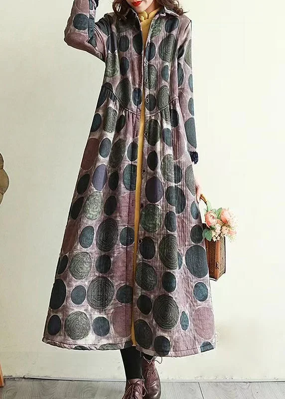 Purple Pockets Print Warm Fleece Coats Peter Pan Collar Winter Soft Flannel Shacket