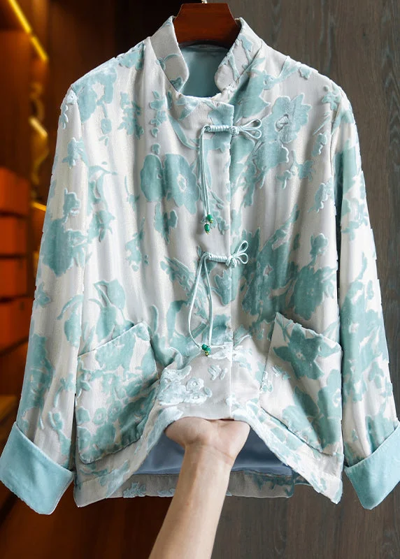 Retro Blue Stand Collar Pockets Patchwork Silk Velour Coats Fall Fleece Lined Windbreaker