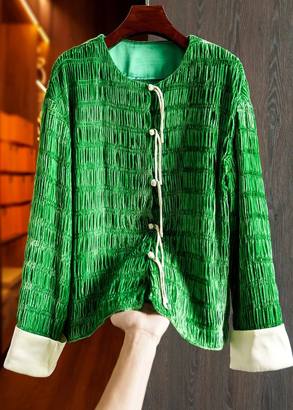 Retro Green Tasseled Wrinkled Patchwork Silk Velour Coats Fall Sleek Leather Jacket