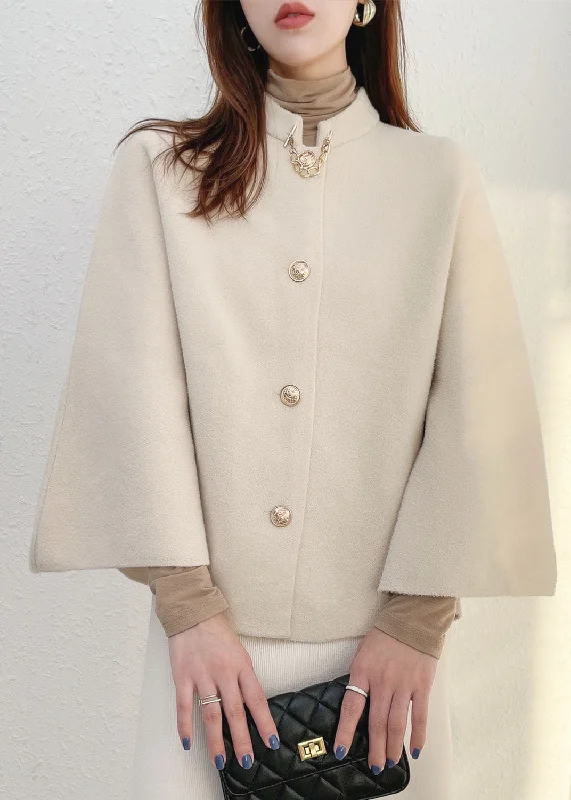 Solid White Thick Woolen Cloak Coats Stand Collar Button Fall Double-Layered Poncho