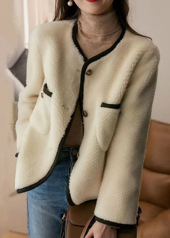 Style Beige O Neck Pockets Button Patchwork Wool Coats Winter Hooded Puffer Anorak