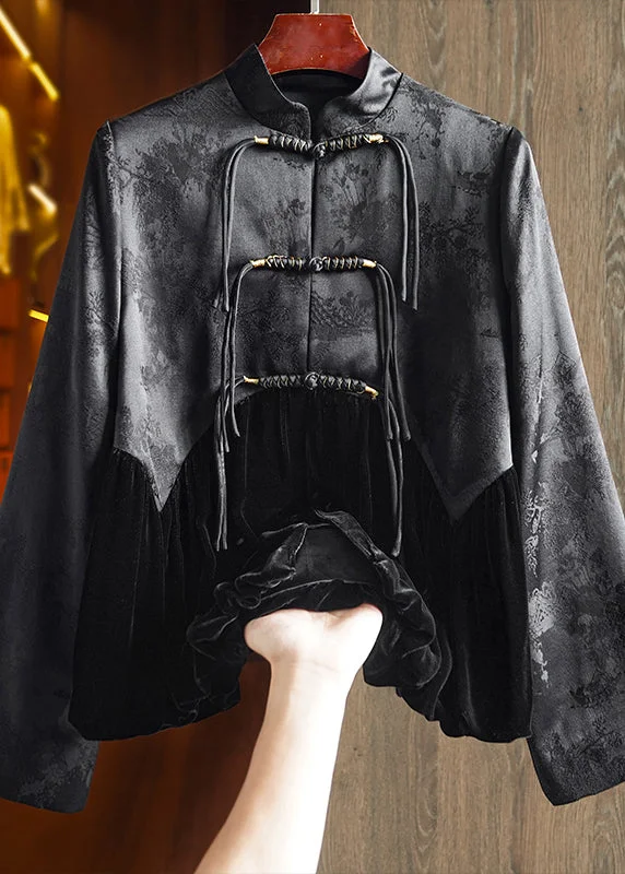 Vintage Black Tasseled Jacquard Patchwork Silk Velour Coat Fall Softshell Outdoor Jacket