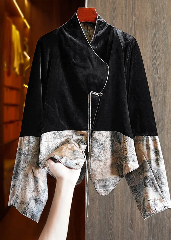 Vintage Black Tasseled Print Patchwork Silk Velour Coats Fall Fuzzy Sherpa Pullover