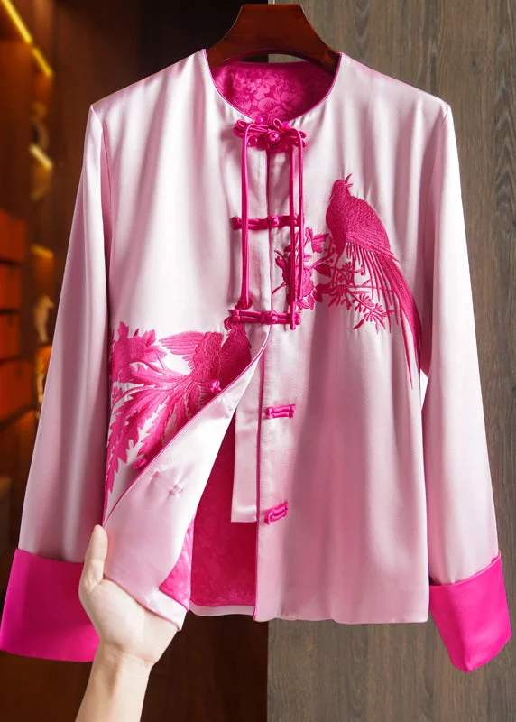 Vintage Pink Tasseled Embroideried Patchwork Silk Coat Fall Waterproof Rain Jacket