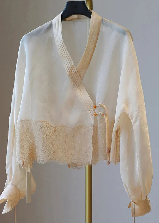 Women Apricot V Neck Tasseled Patchwork Tulle UPF 50+ Coat Summer Soft Flannel Shacket