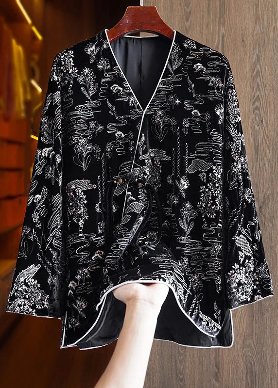Women Black V Neck Jacquard Patchwork Silk Velour Coats Fall Double-Breasted Trench