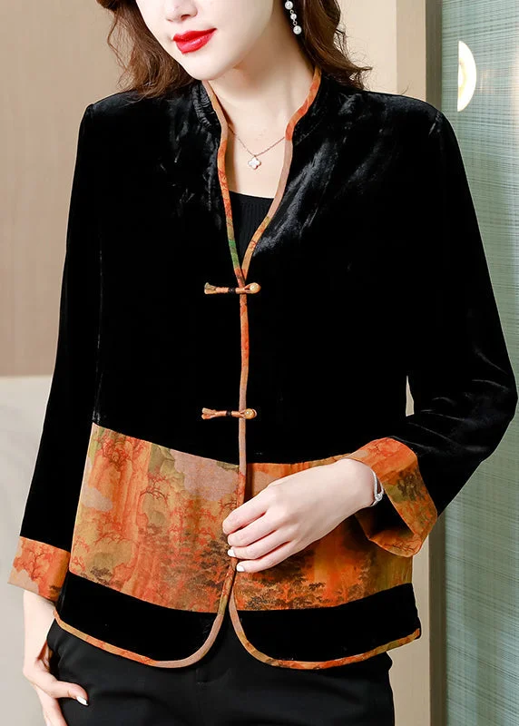 Women Black V Neck Print Patchwork Button Silk Velour Coats Fall Oversized Teddy Coat