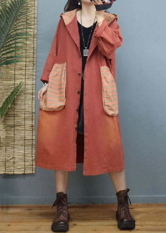 Women Orange Hooded Pockets Patchwork Cotton Coats Fall Reversible Quilted Jacket