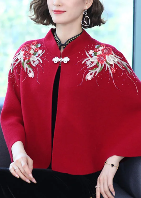 Women Wine Red Stand Collar Embroideried Patchwork Woolen Coats Fall Hooded Raincoat Women