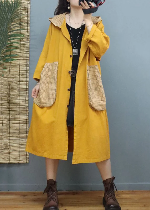 Yellow Button Patchwork Long Cotton Coats Hooded Long Sleeve Sleeveless Puffer Vest