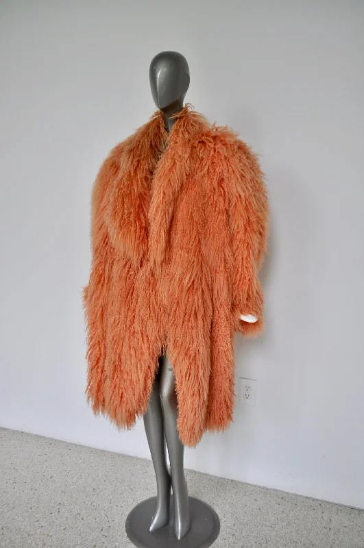 Claude Montana mongolian lamb coat pink color 80s Luxe Satin Long Coat