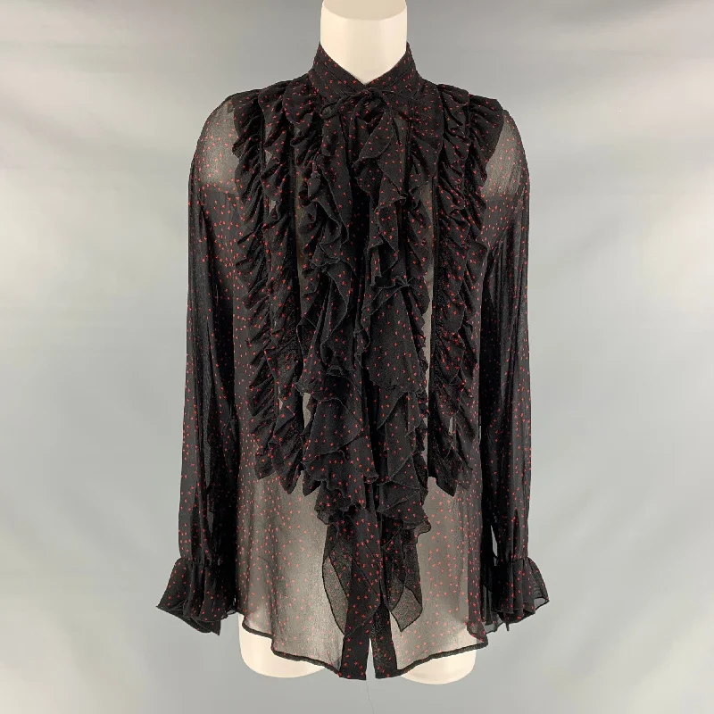 DRIES VAN NOTEN Size 4 Black &  Red Silk Stars Ruffle Shirt Boxy Fit Fitted Loose