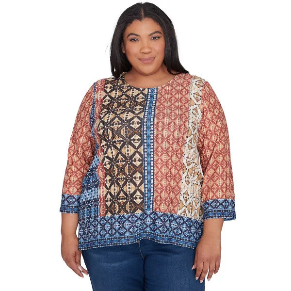 Harvest Moon Batik Texture Border Knit Shirt Plus Size Embroidered Appliqued Beaded