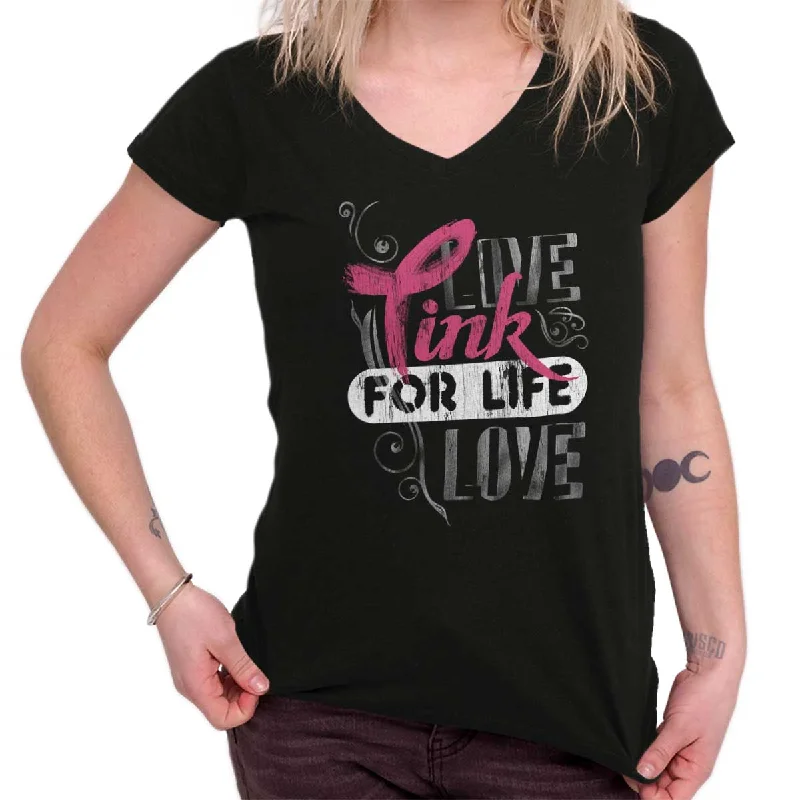 Pink For Life Junior Fit V-Neck T Shirt Asymmetrical Pockets Print
