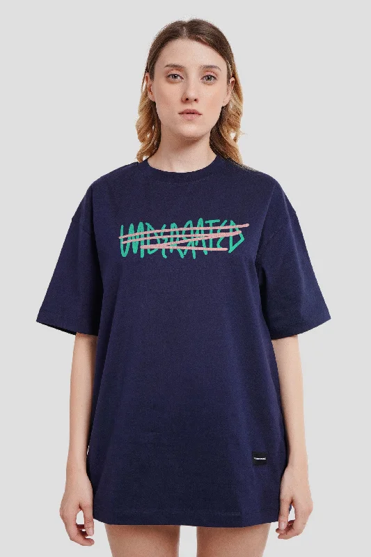 Noire Navy Blue Oversized Fit T-Shirt Women Ribbed Striped Patterned