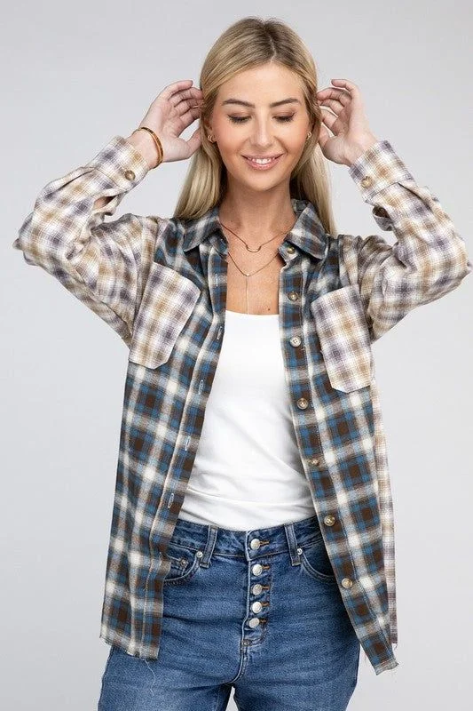 Plaid Patchwork Pockets Shirt Mesh Blend Leather Blend Suede Blend