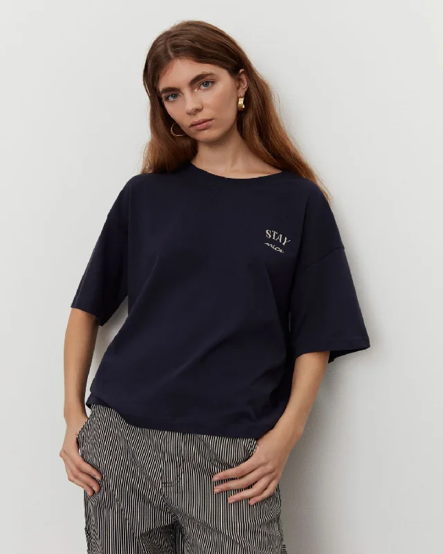 VERASW T-SHIRT - Navy Silk Blend Satin Velvet