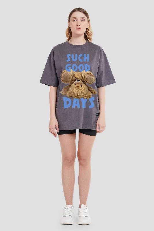 Such Good Days Dark Grey Printed T-Shirt Notch Collar Peter Pan Collar Cowl Neck