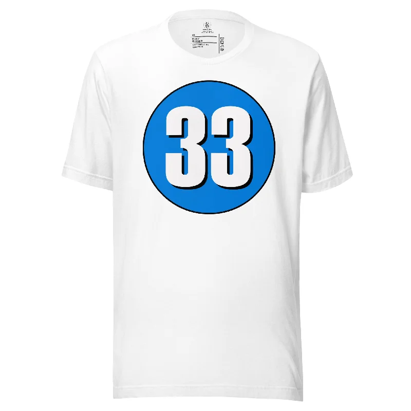 Unisex t-shirt: White on Blue 33 Collared T-Shirt Boat Neck A-Line