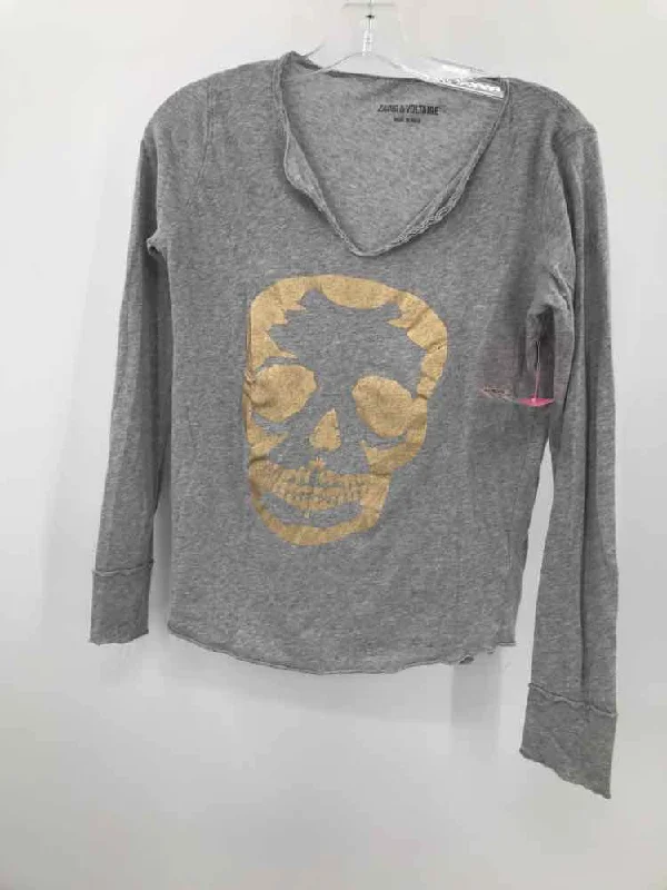 Pre-Owned Zadig & Voltaire Grey Size XS Long Sleeve T-shirt Beaded Sequined Faux Fur