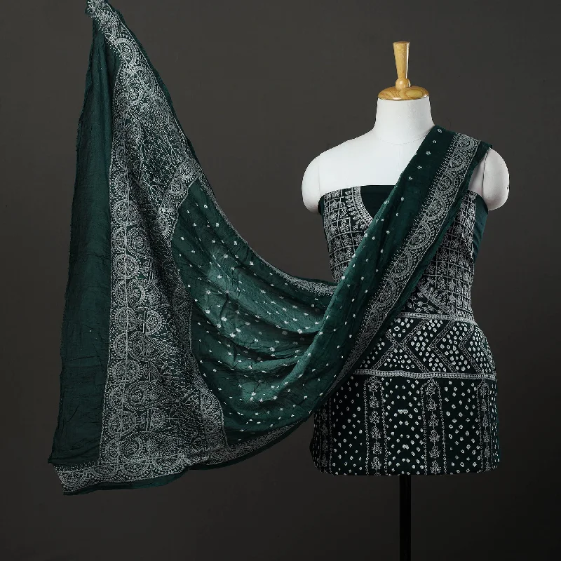 Green - 3pc Kutch Tie-Dye Satin Cotton Bandhni Dress Material 07