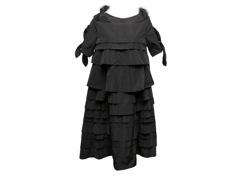 Black Undercover Jun Takahashi Feather-Trimmed Tiered Dress Designer Size 2