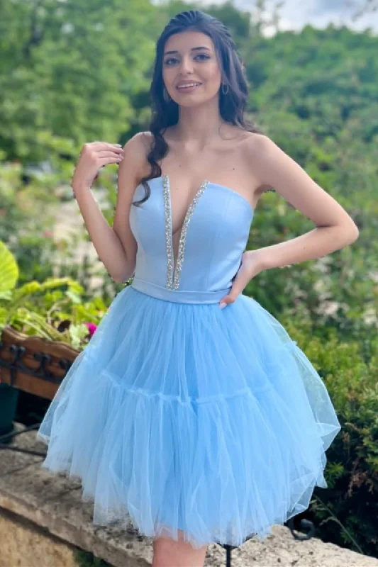 Light Blue Strapless Lace-Up A-Line Homecoming Dress