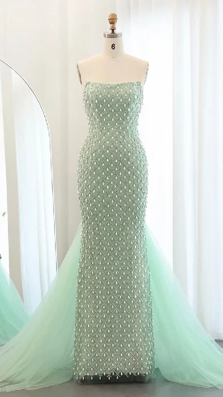 Luxury Crystal Pearls Mermaid Sage Green Evening Dress