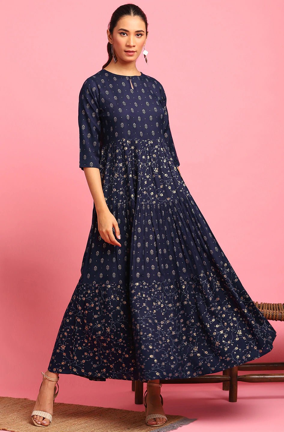 Navy Blue Printed Cotton Flex Dress
