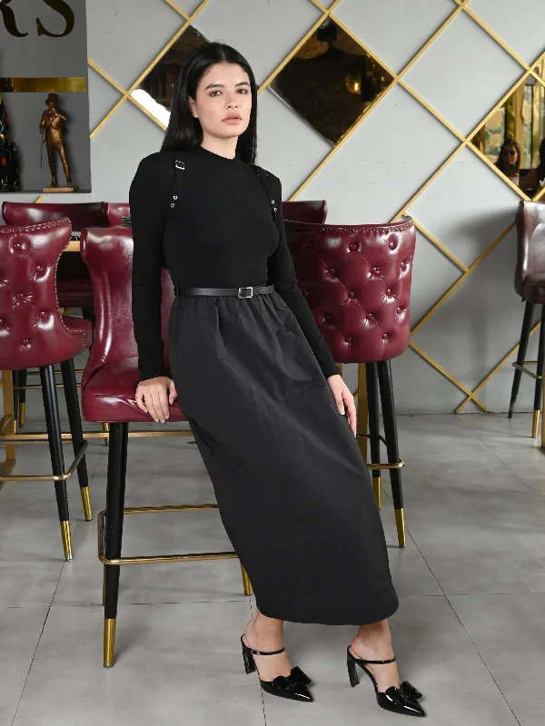 Odette Black Ribbed Poplin Dress For Women