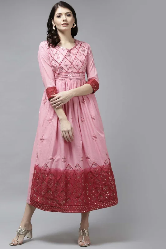Pink Pure Cotton Embroidered and Sequence Dress