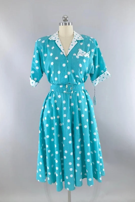 Vintage 80s Aqua Polka Dot Retro Day Dress