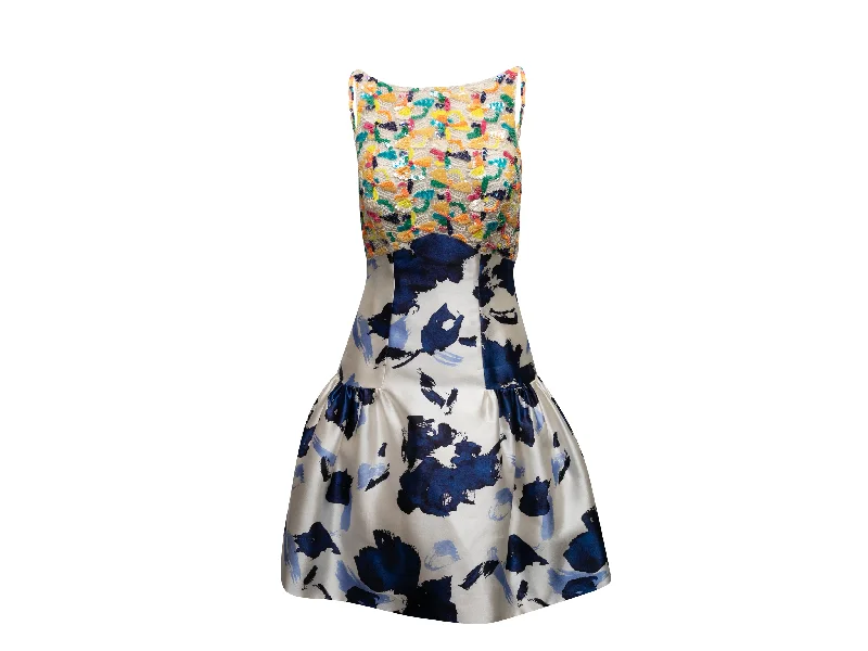 White & Multicolor Oscar de la Renta Silk Embellished Dress Size US 4