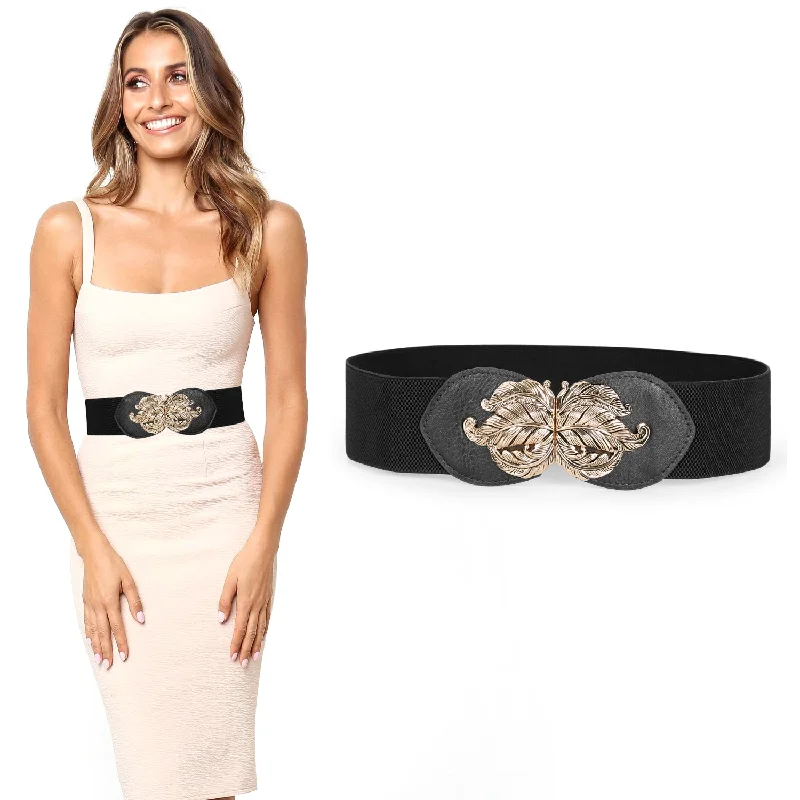 JASGOOD Women Vintage Elastic Belt,Stretch Dress Waistband for Ladies,Cute Waist Belt with Gold Leaf Buckle,2.3Inch Wide Tunics Recommended stylist