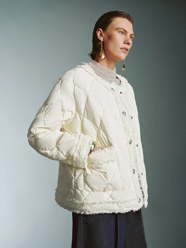 Loose Quilted Down Outerwear Cropped Tweed Jacket