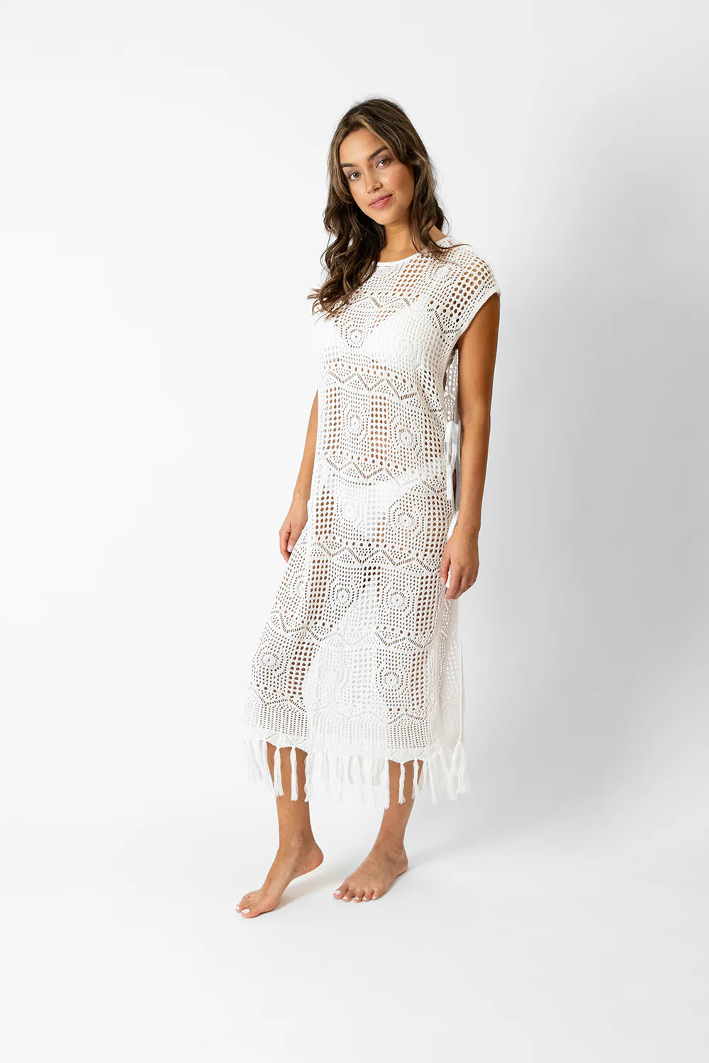 Santorini Fringe Open Knit Dress In Cream - Koy Resort Tunics Spring floral
